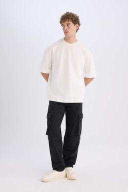 Loose Fit Bisiklet Yaka K?sa Kollu Ag?r Kumas Tisort - Defacto фото 4