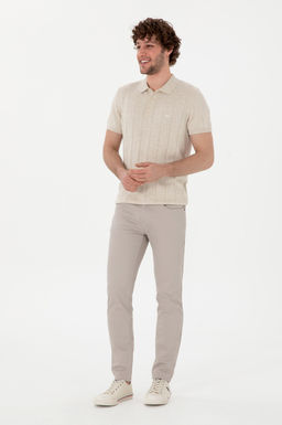 Erkek Slim Fit Polo Yaka Krem Triko Ti__rt