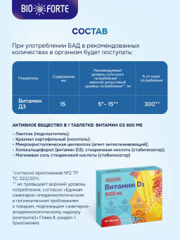 Витамин D3 600 МЕ по 100 мг, 50 шт. BioForte таблетки