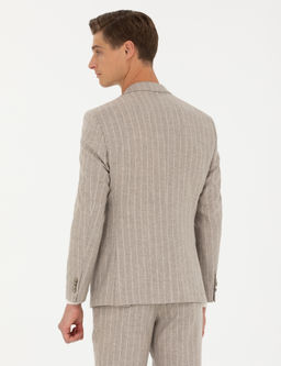 Бежевая классическая куртка приталенного кроя из шерсти и кашемира в полоску - Cacharel фото 5