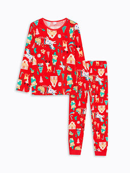 Bisiklet Yaka Y?lba?? Temal? Uzun Kollu K?z ?ocuk Pijama Tak?m?