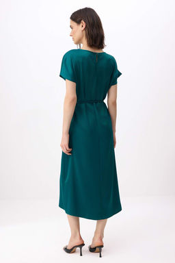 Zumrut Yesili Kemerli Midi Dokuma Elbise TWOSS26EL00120