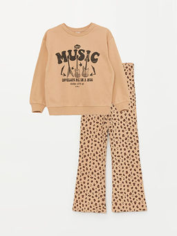 Bisiklet Yaka Bask?l? Uzun Kollu K?z ?ocuk Sweatshirt ve Tayt