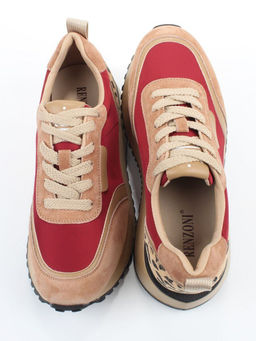 04-PDJ96-3 BEIGE/RED Кроссовки демисезонные женские (натуральная замша, натуральная кожа, текстиль)