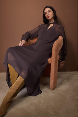 Koyu Kahverengi Sifon Astarl? Dokuma Elbise TWOAW26EL00330 - Trendyolmilla фото 3