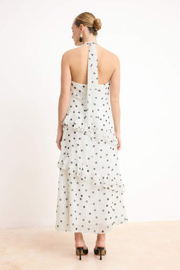 Ekru Puantiyeli F?rf?rl? Midi Astarl? Dokuma Elbise TWOSS26EL00071