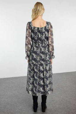 TRENDYOLMILLA Siyah Cicek Desenli Skater/Belden Ac?lan Maxi Dokuma Sifon Astarl? Elbise TWOAW25EL00193  фото 5