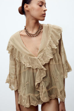 EMBROIDERED TULLE TOP WITH RUFFLES