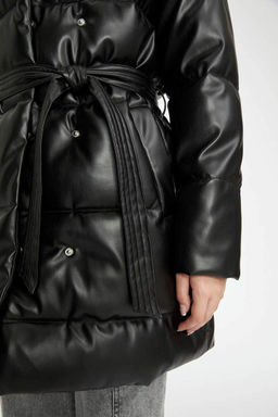 Водонепроницаемая надувная парка из искусственной кожи с капюшоном и пухом - Defacto фото 5