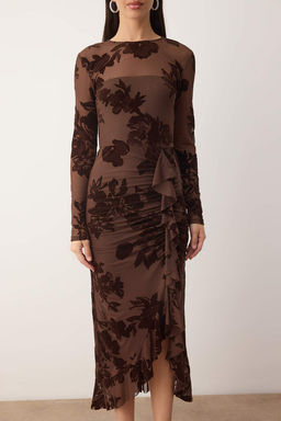 Kahverengi Flok Bask?l? Tul Astarl? Orme Midi Elbise TPRAW26EL00109 - Trendyolmilla фото 3