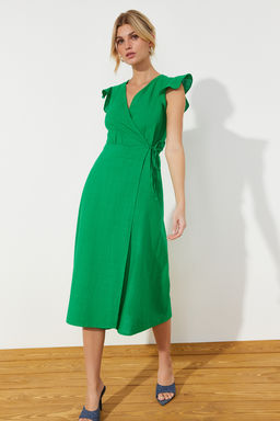 Kiremit Kruvaze F?rf?r Detayl? Keten Gorunumlu Midi Dokuma Elbise TWOSS24EL00071 - Trendyolmilla фото 10