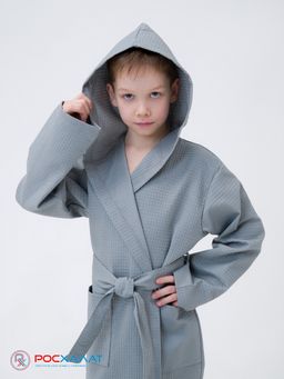 Детский вафельный халат с капюшоном серый В-07 (20)