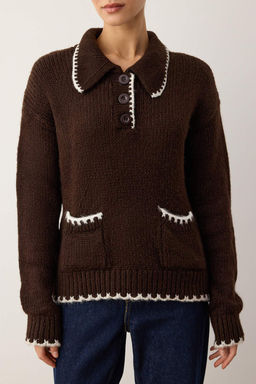 Kahverengi Yumusak Dokulu Genis Kal?p Triko Kazak TWOAW26KZ00134 - Trendyolmilla фото 3