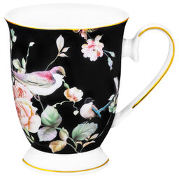 Кружка 300 мл 12*8,5*10,5 см "Певчие птички на черном" на ножке, фарфор NEW BONE CHINA