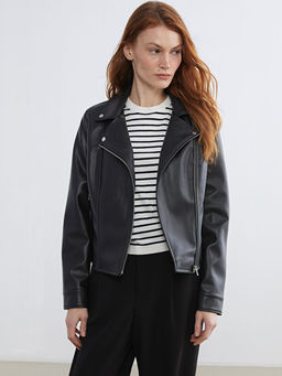 Biker Yaka Kad?n Deri G?r?n?ml? Ceket