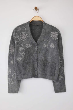 Koyu Gri Yumusak Dokulu Genis Kal?p Tas Islemeli Triko H?rka TWOAW26HI00005 - Trendyolmilla фото 5