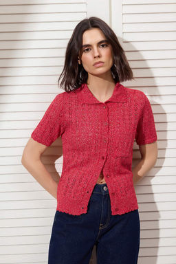 K?rm?z? Pamuk Kar?s?ml? Dugmeli Triko Bluz TWOSS26BZ00294