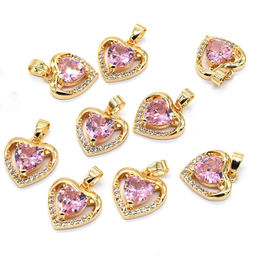 Подвеска Сердечко 13*14мм с цирконом цв.розовый, золотистая Радуга камня