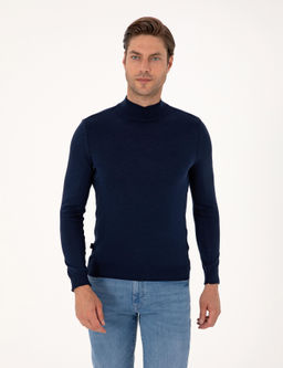 A__k Lacivert Slim Fit Yar_m Bal_k__ Yaka Basic Triko Kazak
