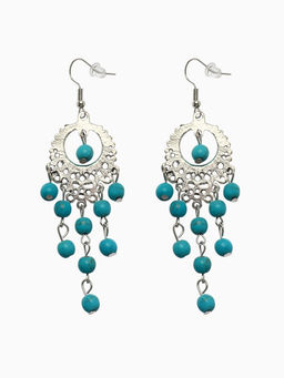 Серьги Бирюзовый мир круг и 5 дорожек бусинок, голубые в чернёном серебре