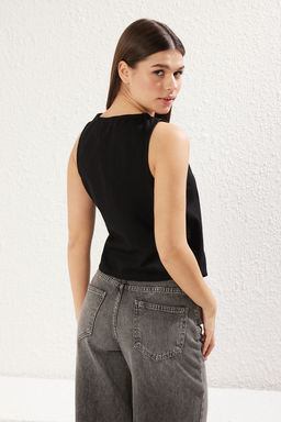 TRENDYOLMILLA Siyah Kruvaze Kapamal? V Yaka Loose Fit Denim Yelek TWOSS25YE00074  фото 5