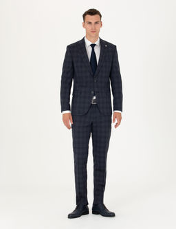 Lacivert Ekose Ekstra Slim Fit Y_n Kar___ml_ Tak_m Elbise
