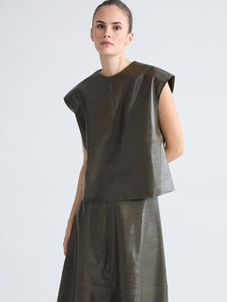 Bisiklet Yaka Deri G?r?n?ml? Bluz