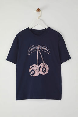 TRENDYOLMILLA Lacivert Kiraz Bask?l? Oversize/Genis Kal?p Orme T-Shirt TWOSS25TS00122  фото 5