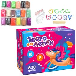 Развивашки.П118 Тесто для лепки в коробке 600 гр, 12 цветов, 9 форм, скалка, /20