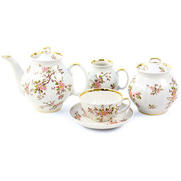 Сервиз чайный фарфоровый Цветение 15 предметов на 6 персон, форма Белый лебедь, ручная роспись (Россия)