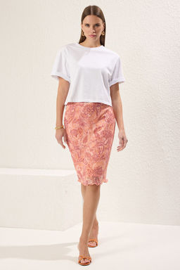 TRENDYOLMILLA Premium Turuncu Bask?l? Tul Yuksek Bel Astarl? Midi Orme Etek TWOSS23ET00206