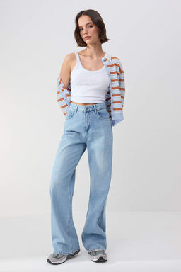 Trendyolmilla Wardrope Essentials Ac?k Mavi DOKUMLU Yuksek Bel Wide Leg Jeans TWOSS26JE00128