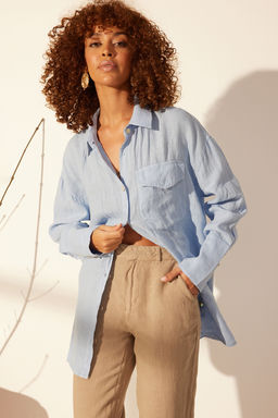 Mavi %100 Keten Oversize Gomlek TWOSS24GO00125