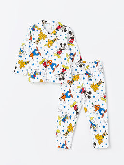 Polo Yaka Uzun Kollu Mickey Mouse Bask?l? Erkek Bebek Pijama Tak?m?