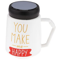 Кружка фарфоровая "Признания" "You make me happy" 600мл, д9,5см h13,3см, матовая глазурь, деколь с золотом, цвет - белый, пластмассовая, винтовая крышка, герметичная, с силиконовым уплотнителем, д/горла 6,6см, д/основания 5,6см, в подарочной коробке
