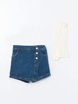 Beli Lastikli K?z Bebek Jean ?ort Etek ve K?lotlu ?orap 2li Tak?m