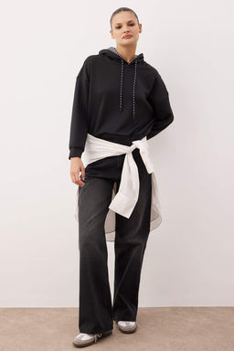 Siyah Kapusonlu Oversize/Genis Kal?p Orme Sweatshirt TWOAW26SW00223 - Trendyolmilla фото 2