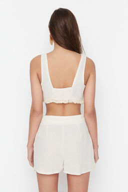 Plaj Giyim Bej Dokuma Puskul Yuksek Bel Bluz-Sort Tak?m TBESS22AU0141 - Trendyolmilla фото 5