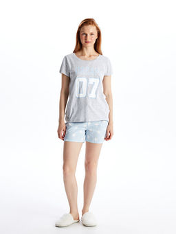 Bisiklet Yaka Bask?l? K?sa Kollu Kad?n ?ortlu Pijama Tak?m?