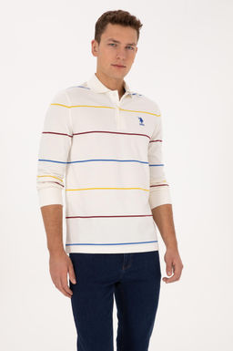 Erkek Regular Fit Polo Yaka _izgili Krem Sweatshirt