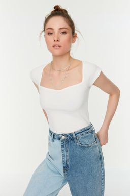 Ekru Kalp Yaka Reglan Kol Fitilli Esnek Crop Orme Bluz TWOSS22BZ1454