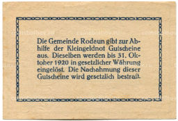 Банкнота 50 геллеров 1920 года Австрия  Родаун (нотгельд)