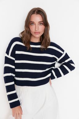 Lacivert Crop Basic Cizgili Genis Kal?p Triko Kazak TWOAW23KZ00390