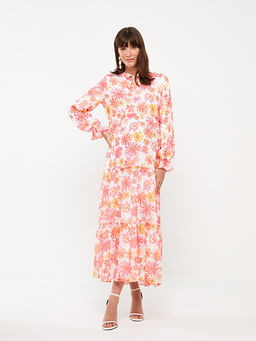 Ba?lamal? Yaka ?i?ekli Uzun Kollu Hamile Elbise