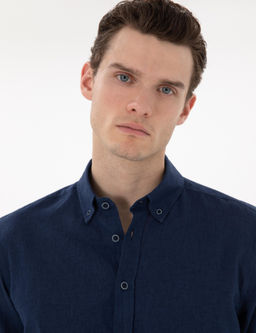 Lacivert Keten Kar___ml_ Regular Fit Uzun Kollu G_mlek