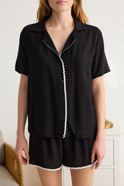 Trendyolmilla Siyah Serit Detayl? Viskon Sortlu Dokuma Pijama Tak?m? THMSS25PT00049 фото 3