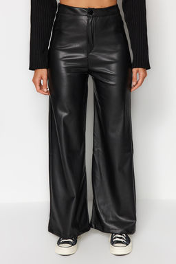 Siyah Suni Deri Wide Leg Cep Detayl? Orme Pantolon TWOAW24PL00103