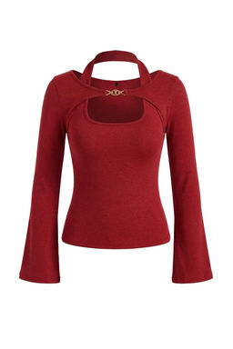 K?rm?z? Fitted/Vucuda Oturan Kay?k Yaka Aksesuar Detayl? Pamuk Ribana Orme Bluz TWOSS26BZ00222