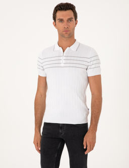 Beyaz Slim Fit %100 Pamuk Fermuarl_ Polo Yaka Triko T-shirt