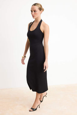 Siyah Belden Ac?lan K?sa Kollu Tok %100 Pamuk Orme Elbise TWOSS26EL00238